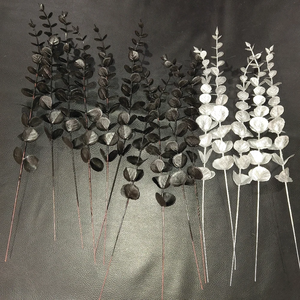 Set of 15 Faux Eucalyptus Stems - 10 Black & 5 Silver - 15